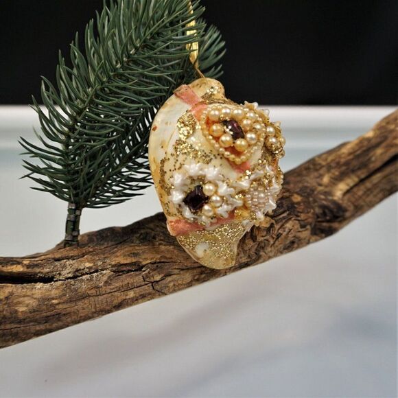 Vintage Christmas Ornament Seashell Beaded Mica Ribbon UNIQUE - Picture 5 of 11